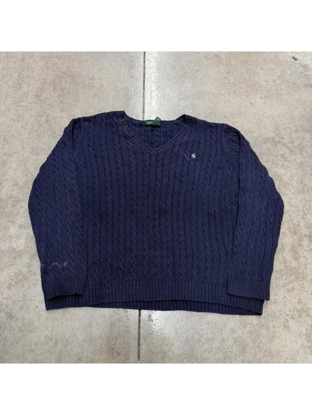vintage ralph lauren navy cable knit v neck knit sweater xxl HAS STAINS / WOMENS